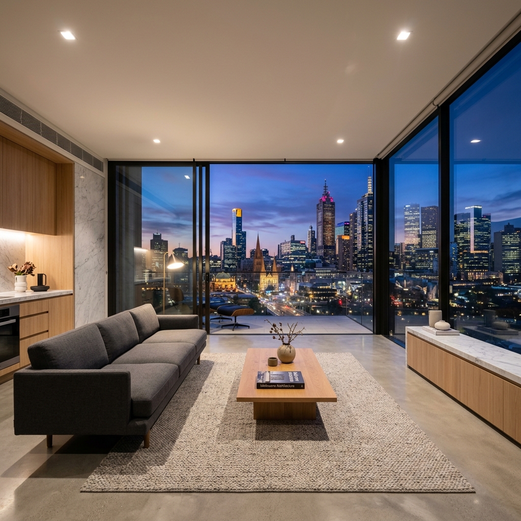 Spotless Melbourne interior with city skyline view